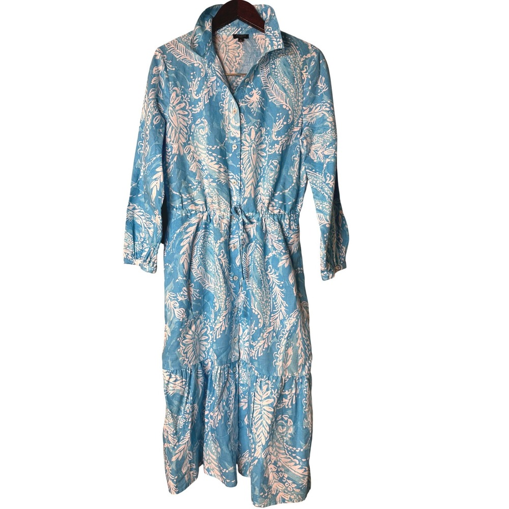 Talbots Petite Blue White Paisley Linen Cotton Button Front Midi Shirt Dress 8P